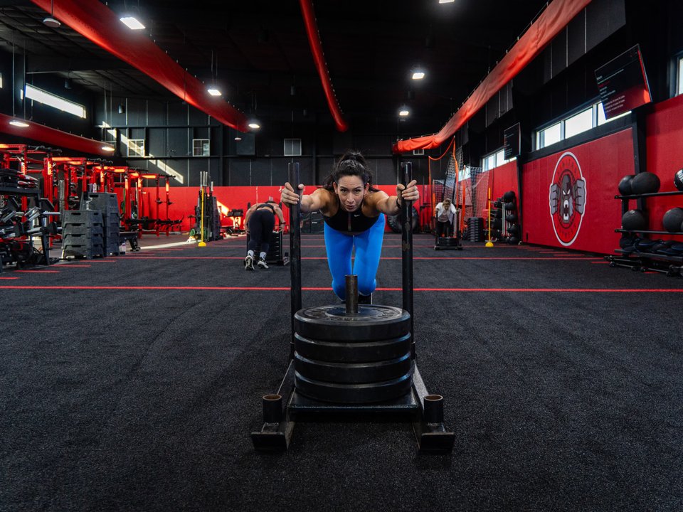 Coached sled push conditioning session at Kinitro Fitness in Westchase